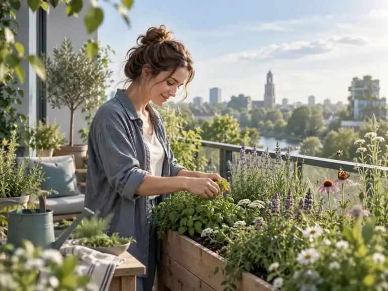 Ecosfeer toont duurzaam tuinieren met kruiden, bloemen en groene planten in een stedelijke omgeving.