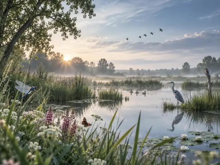 Ecosfeer laat een natuurlijk waterrijk landschap zien met planten, vogels en insecten als onderdeel van biodiversiteit.