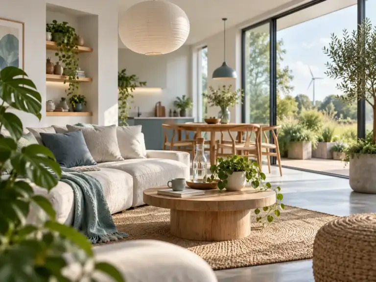 Ecosfeer toont een duurzaam interieur met natuurlijke materialen, planten en een sterke verbinding met de natuur.