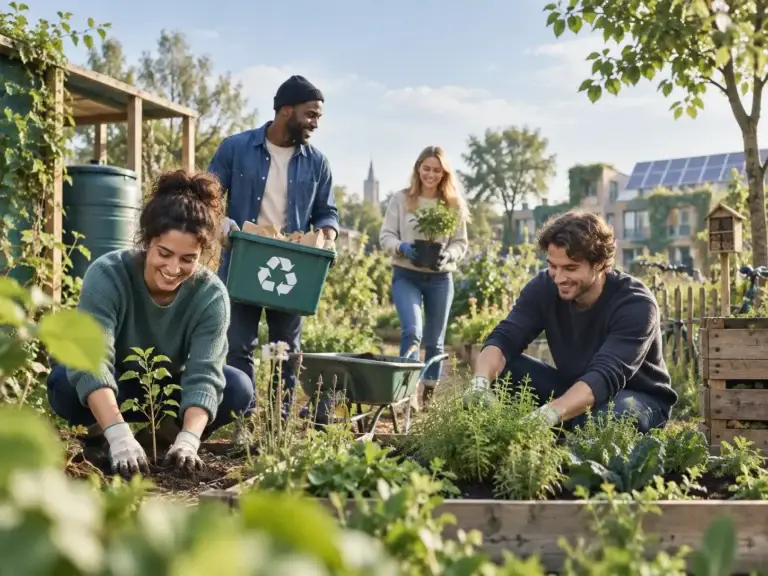 Ecosfeer laat mensen zien die samen werken aan een groene tuin, hergebruik en een duurzamere leefomgeving.