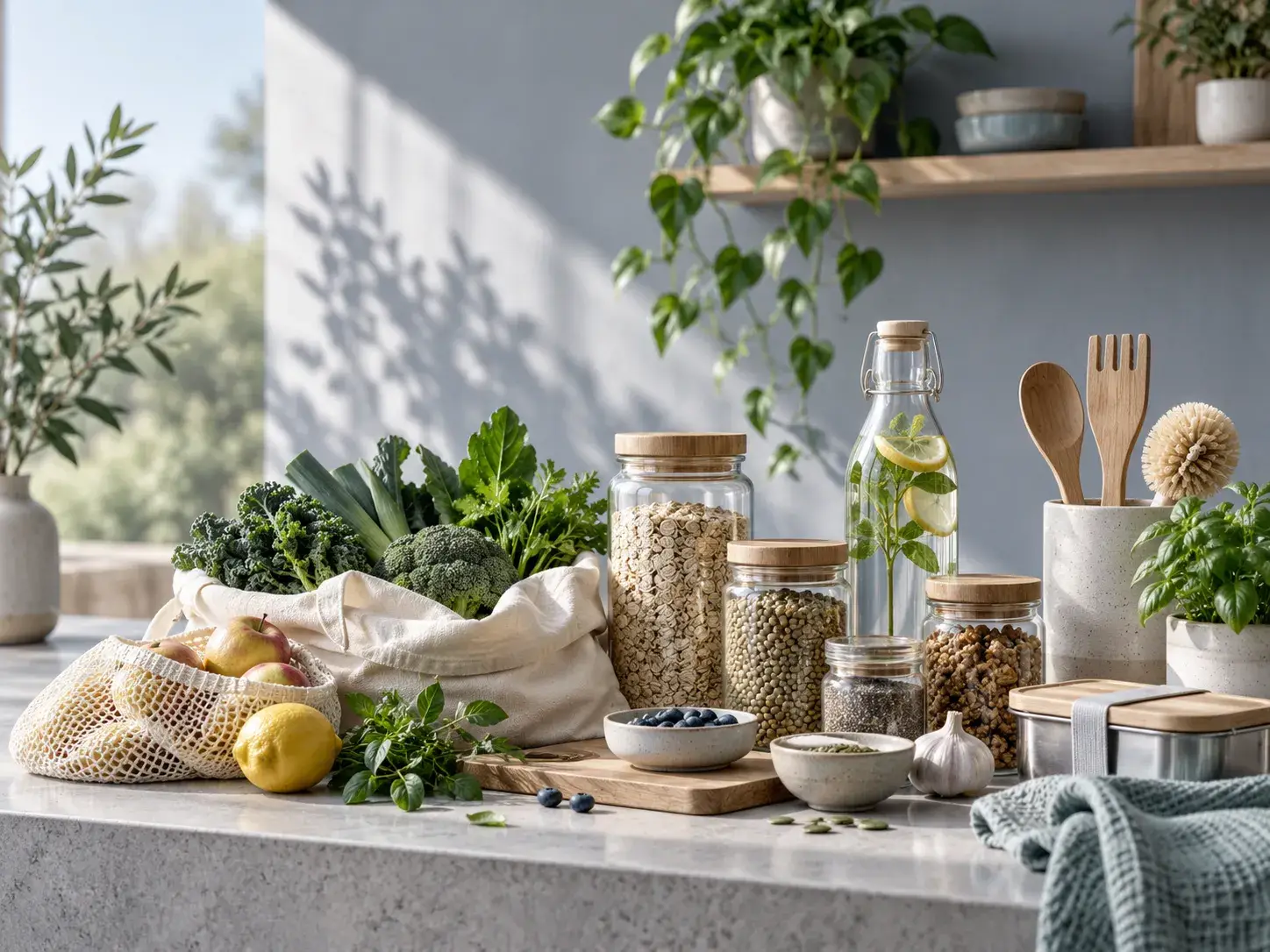 Ecosfeer toont herbruikbare producten, verse voeding en natuurlijke materialen voor een bewuste en afvalarme leefstijl.